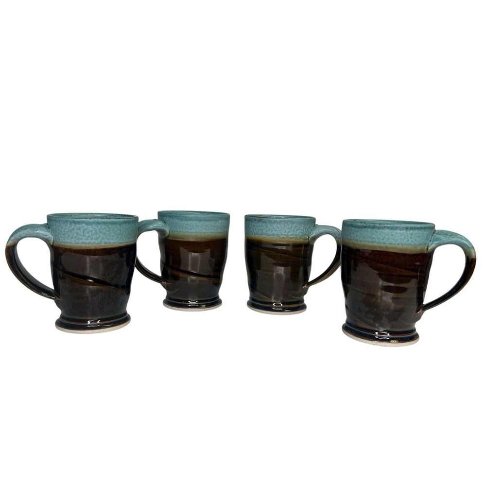 Royce Yoder Mugs Set of 4 Blue Teal Brown Stoneware Copper Black Glaze Pottery‎